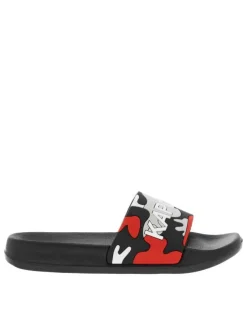 Claquettes noires avec logo et un imprimé camouflage sur le cou-de-pied