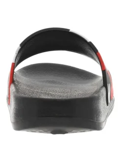 Claquettes noires avec logo et un imprimé camouflage sur le cou-de-pied