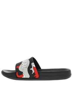 Claquettes noires avec logo et un imprimé camouflage sur le cou-de-pied