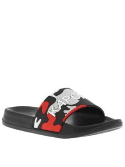 Claquettes noires avec logo et un imprimé camouflage sur le cou-de-pied