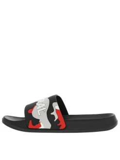 Claquettes noires avec un imprimé camouflage sur le cou-de-pied et logo