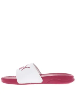 Claquettes blanches et framboise en similicuir avec logo sur le cou-de-pied