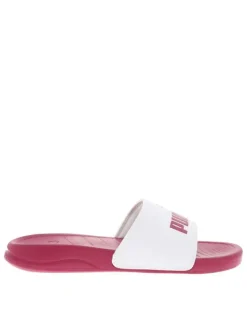 Claquettes blanches et framboise en similicuir avec logo sur le cou-de-pied