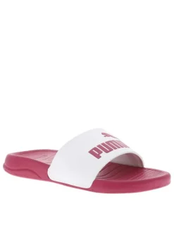Claquettes blanches et framboise en similicuir avec logo sur le cou-de-pied
