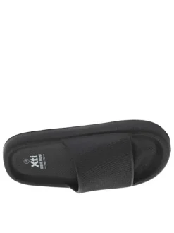 Claquettes noires avec logo sur l'intérieur du talon et une matière texturée