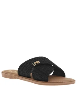 Claquettes noires en tressage avec le logo doré et à semelle plate