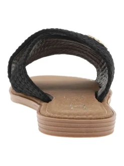 Claquettes noires en tressage avec le logo doré et à semelle plate