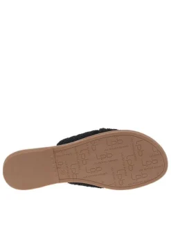 Claquettes noires en tressage avec le logo doré et à semelle plate