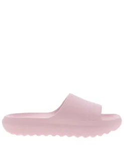 Claquettes roses à talon plat avec le logo de la marque embossé dans la semelle