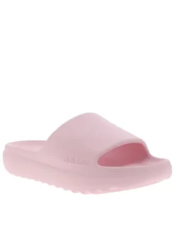 Claquettes roses à talon plat avec le logo de la marque embossé dans la semelle