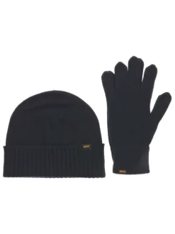 Coffret bonnet et gants marine en maille tricotée avec logo orange