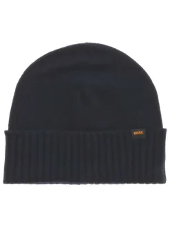 Coffret bonnet et gants marine en maille tricotée avec logo orange