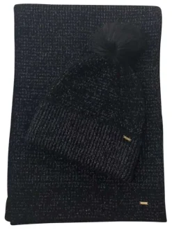 Coffret bonnet et écharpe en lurex argenté à coupe longue à pompon et à revers