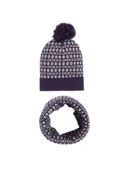 Coffret bonnet et écharpe marine avec nom de la marque all-over