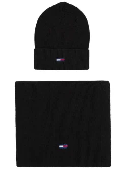 Coffret écharpe et bonnet noir avec logo tricolore brodé et détail pailleté