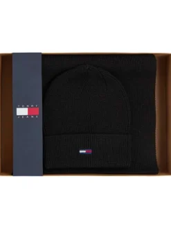 Coffret écharpe et bonnet noir avec logo tricolore brodé et détail pailleté