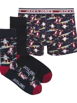 Coffret de Noël chaussettes et boxer en coton bleus nuit à motifs père Noël