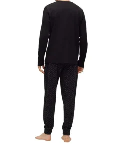 Coffret pyjama long en coton noir imprimé avec une coupe fermée un col rond