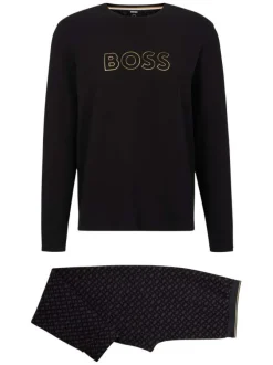 Coffret pyjama long en coton noir imprimé avec une coupe fermée un col rond