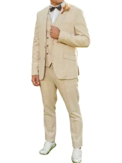 Costume beige uni en laine mélangée à trois pièces avec des poches