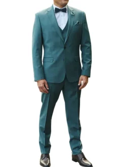 Costume vert uni en laine avec une veste et un pantalon à coupe ajustée