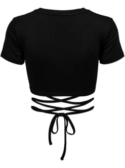 Crop top noir uni à col rond, manches courtes et cordon noir à nouer