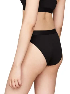 Culotte bikini noire unie avec surpiqûres noire et taille élastiquée