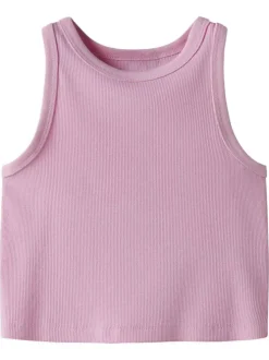 Débardeur en coton biologique rose en maille côtelée à coupe slim et à col rond