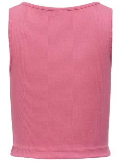 Débardeur en coton rose uni ajusté à col rond et ajouré à l'épaule