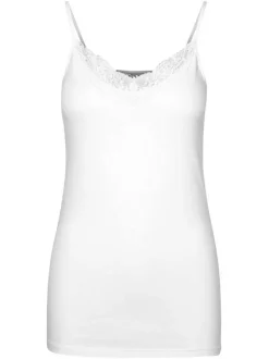 Débardeur blanc en coton uni avec une coupe slim et un col v avec dentelles à manches à bretelles
