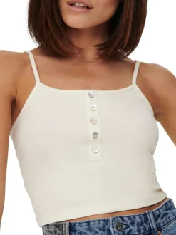 Débardeur blanc en coton uni coupe crop top col rond à bretelles boutonné