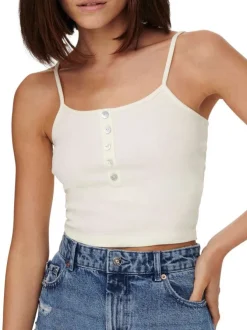 Débardeur blanc en coton uni coupe crop top col rond à bretelles boutonné