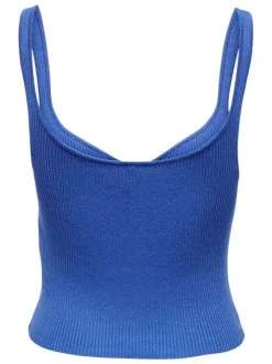Débardeur bleu en maille jersey côtelée avec un col v et une coupe ajustée