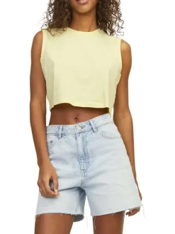 Débardeur cropped en coton biologique jaune uni avec un col rond