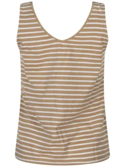 Débardeur en coton beige rayé avec un col v et une coupe droite