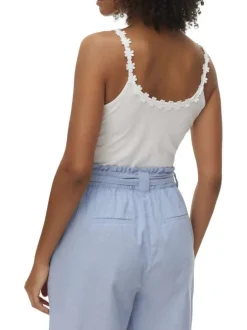 Débardeur en coton blanc uni pourvu de finitions avec des détails en fleurs