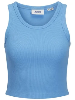 Débardeur en coton bleu côtelé avec une coupe crop top près du corps