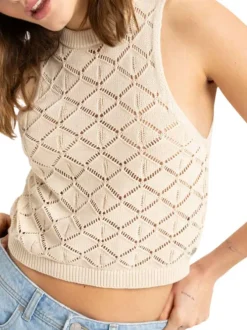 Débardeur en coton écru en maille ajourée avec une coupe droite et un col rond