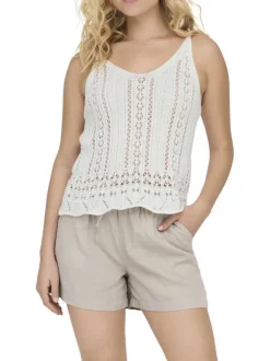 Débardeur en coton mélangé beige uni en maille ajourée avec un col v