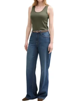 Débardeur en coton vert uni à coupe slim avec col décolleté rond