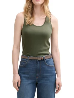Débardeur en coton vert uni à coupe slim avec col décolleté rond