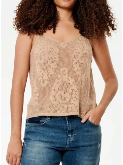 Débardeur à fines bretelles beige en dentelle crochet à coupe droite et col v