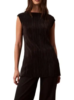 Débardeur noir uni avec une coupe ajustée et un col rond effet plissé