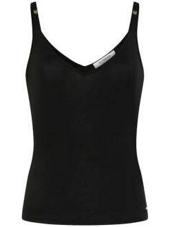 Débardeur noir uni avec une coupe droite à col v et logo de la marque