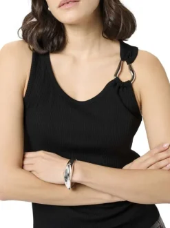 Débardeur noir uni en maille côtelée avec une coupe ajustée et un col rond
