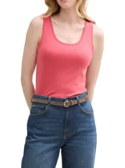 Débardeur rose uni en coton à coupe ajustée avec col rond profond
