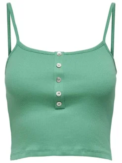 Débardeur vert en coton uni coupe crop top col rond à bretelles boutonné