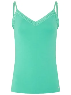 Débardeur vert uni à coupe ajustée, col v avec dentelle et à bretelles