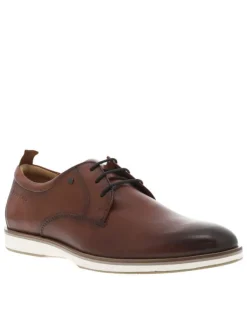 Derbies en cuir cognac avec empiècements foncés et fermeture à lacets ronds