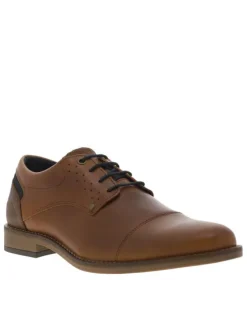 Derbies en cuir cognac et marine à talon plat avec des lacets ronds